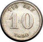 Швеция 1890 г. • KM# 755 • 10 эре • Оскар II • монограмма • серебро • регулярный выпуск • XF- ( кат. - $60- )