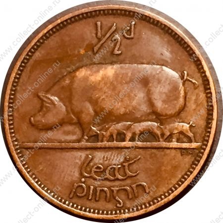 Ирландия 1928 г. • KM# 2 • ½ пенни • арфа • свинья • регулярный выпуск(первый год) • XF+