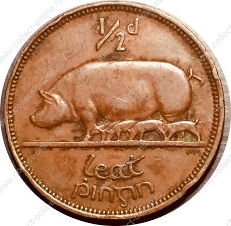 Ирландия 1946 г. • KM# 10 • ½ пенни • арфа • свинья • регулярный выпуск • XF