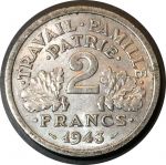 Франция 1943 г. • KM# 904.1 • 2 франка (правительство Виши) • регулярный выпуск • BU- ( кат. - $5 )