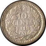 Нидерланды 1918 г. • KM# 145 • 10 центов • королева Вильгельмина I • серебро • регулярный выпуск • VF