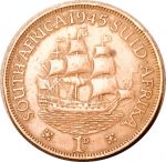 Южная Африка 1945 г. • KM# 25 • 1 пенни • Георг VI • парусник • регулярный выпуск • XF+