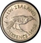 Новая Зеландия 1958 г. • KM# 26.2 • 6 пенсов • Елизавета II • птица гуйа • регулярный выпуск • BU ( кат. - $10 )