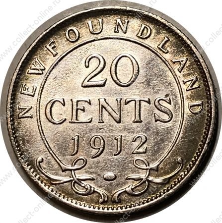 Ньюфаундленд 1912 г. • KM# 15 • 20 центов • Георг V • серебро • регулярный выпуск(год-тип) • XF+