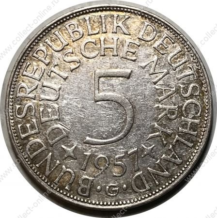 Германия • ФРГ 1957 г. G (Карлсруэ) • KM# 112.1 • 5 марок • серебро • регулярный выпуск • XF+ ( кат. - $75 ) 