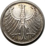 Германия • ФРГ 1957 г. G (Карлсруэ) • KM# 112.1 • 5 марок • серебро • регулярный выпуск • XF+ ( кат. - $75 ) 