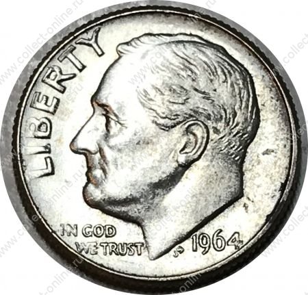 США 1964 г. • KM# 195 • дайм(10 центов) • (серебро) • Франклин Рузвельт • факел • регулярный выпуск • MS BU