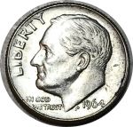 США 1964 г. • KM# 195 • дайм(10 центов) • (серебро) • Франклин Рузвельт • факел • регулярный выпуск • MS BU