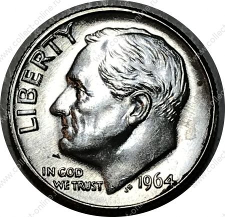 США 1964 г. D • KM# 195 • дайм(10 центов) • (серебро) • Франклин Рузвельт • факел • регулярный выпуск • MS BU