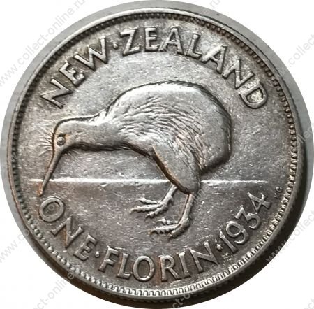 Новая Зеландия 1934 г. • KM# 4 • Флорин(2 шиллинга) • Георг V • птица киви • регулярный выпуск • XF ( кат.- $35,00 )