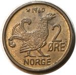 Норвегия 1960 г. • KM# 410 • 2 эре • болотная курица • регулярный выпуск • AU+