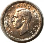 Новая Зеландия 1943 г. • KM# 7 • 3 пенса • Георг VI • серебро • регулярный выпуск • MS BU (кат - $35 )