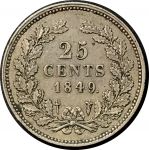Нидерланды 1849 г. • KM# 76 • 25 центов • Виллем II • серебро • регулярный выпуск • XF+ ( кат. - $60+ )