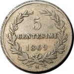 Сан-Марино 1869 г. • KM# 1 • 5 чентезимо • герб Республики • регулярный выпуск • VF