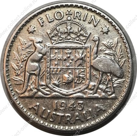 Австралия 1943 г. • KM# 40 • 1 флорин(2 шиллинга) • (серебро) • Георг VI • кенгуру, страус и герб • регулярный выпуск • VF