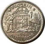 Австралия 1944 г. S • KM# 40 • 1 флорин(2 шиллинга) • Георг VI • кенгуру, страус и герб • серебро • регулярный выпуск • BU unc