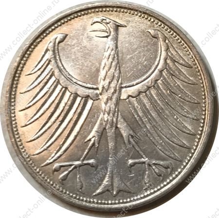 Германия • ФРГ 1968 г. J (Гамбург) • KM# 112.1 • 5 марок • серебро • регулярный выпуск • BU ( кат. - $35 )