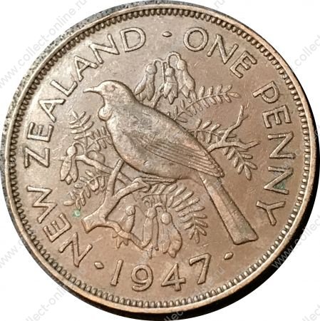 Новая Зеландия 1947 г. • KM# 13 • 1 пенни • Георг VI • птица туи • регулярный выпуск • XF+