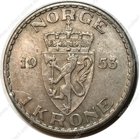 Норвегия 1953 г. • KM# 397.2 • 1 крона • герб • регулярный выпуск(год-тип) • AU-