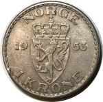 Норвегия 1953 г. • KM# 397.2 • 1 крона • герб • регулярный выпуск(год-тип) • AU- ( кат. - $10+ )