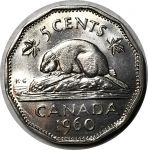 Канада 1960 г. • KM# 50a • 5 центов • Елизавета II • бобр • MS BU