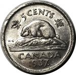 Канада 1937 г. • KM# 33 • 5 центов • Георг VI • бобер • XF-AU