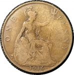 Великобритания 1916 г. • KM# 810 • 1 пенни • Георг V • "Британия" с трезубцем • регулярный выпуск • VG-F