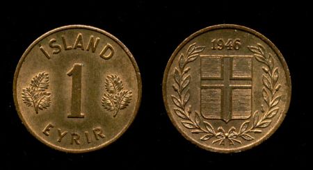 Исландия 1946 гг. • KM# 8 • 1 эйре • герб Республики • регулярный выпуск(первый год) • MS BU