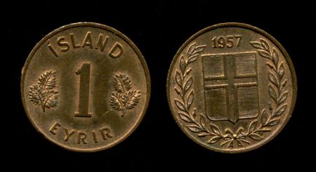 Исландия 1953-1966 гг. • KM# 8 • 1 эйре • герб Республики • регулярный выпуск • MS BU