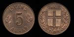 Исландия 1961-1966 гг. • KM# 9 • 5 эйре • герб Республики • регулярный выпуск • MS BU ( кат. - $2.5 .. $4.5 )