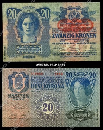 Австрия 1919 г. • P# 53 • 20 крон • надпечатка "Deutschosterreich" • регулярный выпуск • UNC пресс