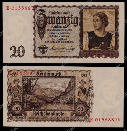 ГЕРМАНИЯ 1939г. P# 185 / 20 РЕЙХСМАРОК "ДЕВУШКА С ЭДЕЛЬВЕЙСОМ" / UNC ПРЕСС