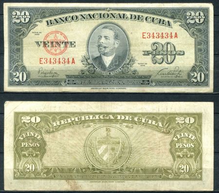 КУБА 1958г.  P# 80b / 20 ПЕСО / VF / ГЕРБЫ