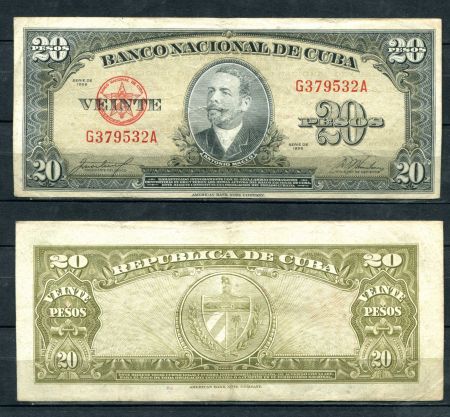 КУБА 1958г. P# 80b / 20 ПЕСО XF / ГЕРБЫ