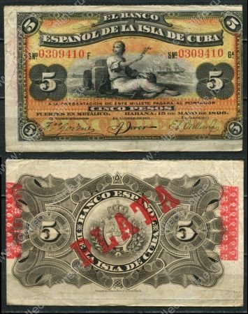 Куба 1896 г. • P# 48b • 5 песо • Банк Испании с надпечаткой "PLATA" • XF+