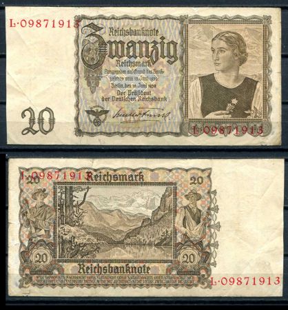 ГЕРМАНИЯ 1939г. P# 185 / 20 РЕЙХСМАРОК / F