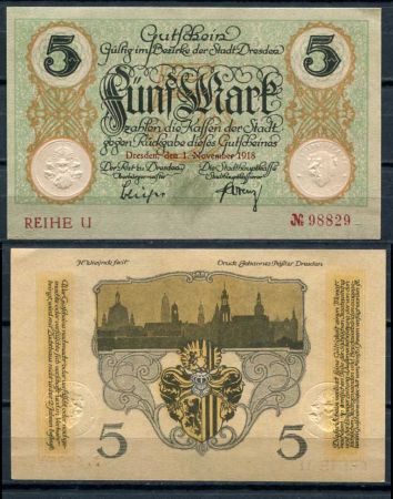 Дрезден 1918 г. • 5 марок • вид на город • локальный выпуск • UNC пресс