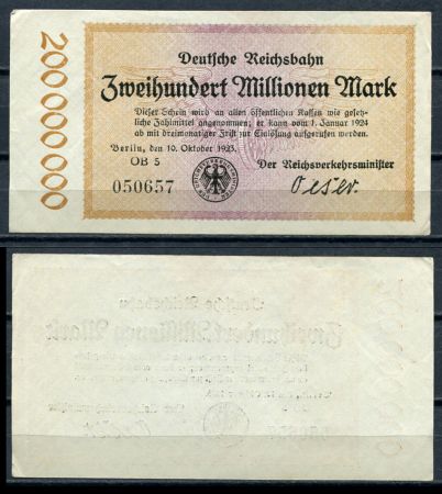 ГЕРМАНИЯ ЖД 1923г. P# S1018 / 200 млн.  МАРОК / UNC-