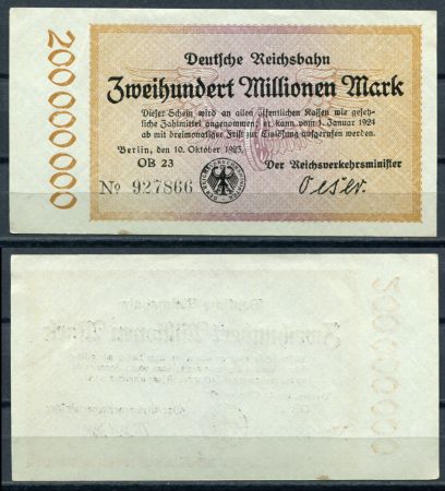 ГЕРМАНИЯ ЖД 1923г. P# S1018 / 200 млн.  МАРОК / UNC ПРЕСС-