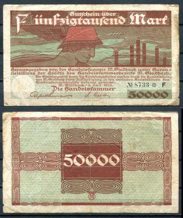 ГЛАДБАХ 1923г. 50 тыс. МАРОК / F-VF
