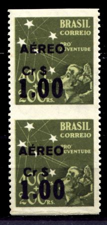 Бразилия 1944 г. • SC# C58a • 1 R. • надп. нов. номинала • пропуск перфорации! верт. пара • MNH OG VF ®