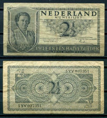 Нидерланды 1949 г. • P# 73 • 2½ гульдена • королева Вильгельмина • регулярный выпуск • F-VF