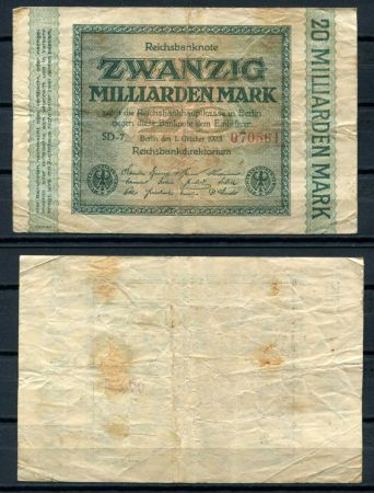 Германия 1923 г. • P# 118a • 20 миллиардов марок • в.з. "G/D" • F-VF