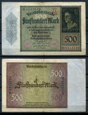 ГЕРМАНИЯ 1922г. P# 73 / 500 МАРОК / VF+