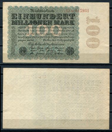 ГЕРМАНИЯ 1923г. P# 107c / 100 млн. МАРОК / XF-AUNC