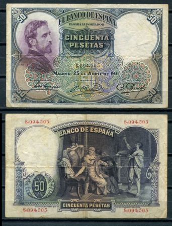 ИСПАНИЯ 1931г. P# 82 / 50 ПЕСЕТ / VF+