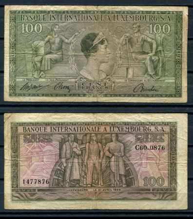 Люксембург 1956 г. • P# 13 • 100 франков • герцогиня Шарлотта • регулярный выпуск • F-VF