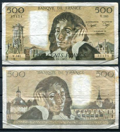 Франция 1983 г. P# 156e • 500 франков • 6.01.1983 • Блез Паскаль (математик) • регулярный выпуск • VF