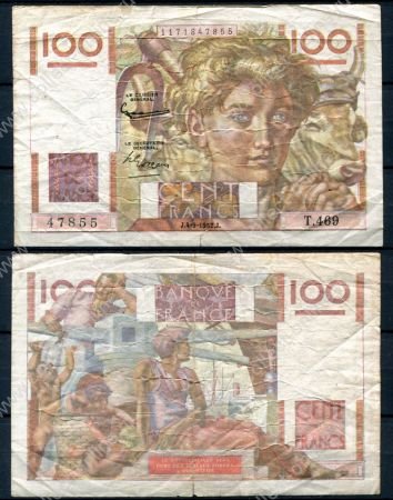 Франция 1952 г. (4-9-1952) • P# 128d • 100 франков • фермер и быки • регулярный выпуск • VF*
