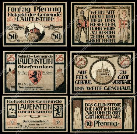Лауэнштайн Германия 1921г. / 10,25 и 50 пф. / гербы, виды и персонажи / UNC пресс